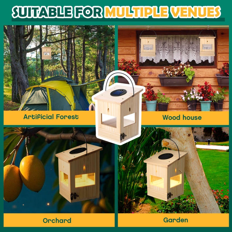 Qualirey 2 Pcs Outdoor Wood Carpenter Bee Traps, Push-Pull Drawer, Transparent PVC Panels, Pent Roof Style, Hanging Design with Solar Light, for Orchard Garden Wood House Artificial Forest - Image 5